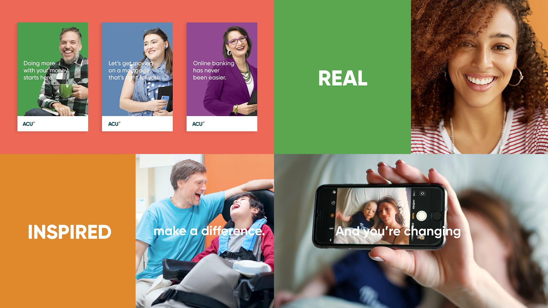 A collage of images, featuring the word "inspired," "real," ACU posters, a mother taking a selfie with her son, and a smiling woman.