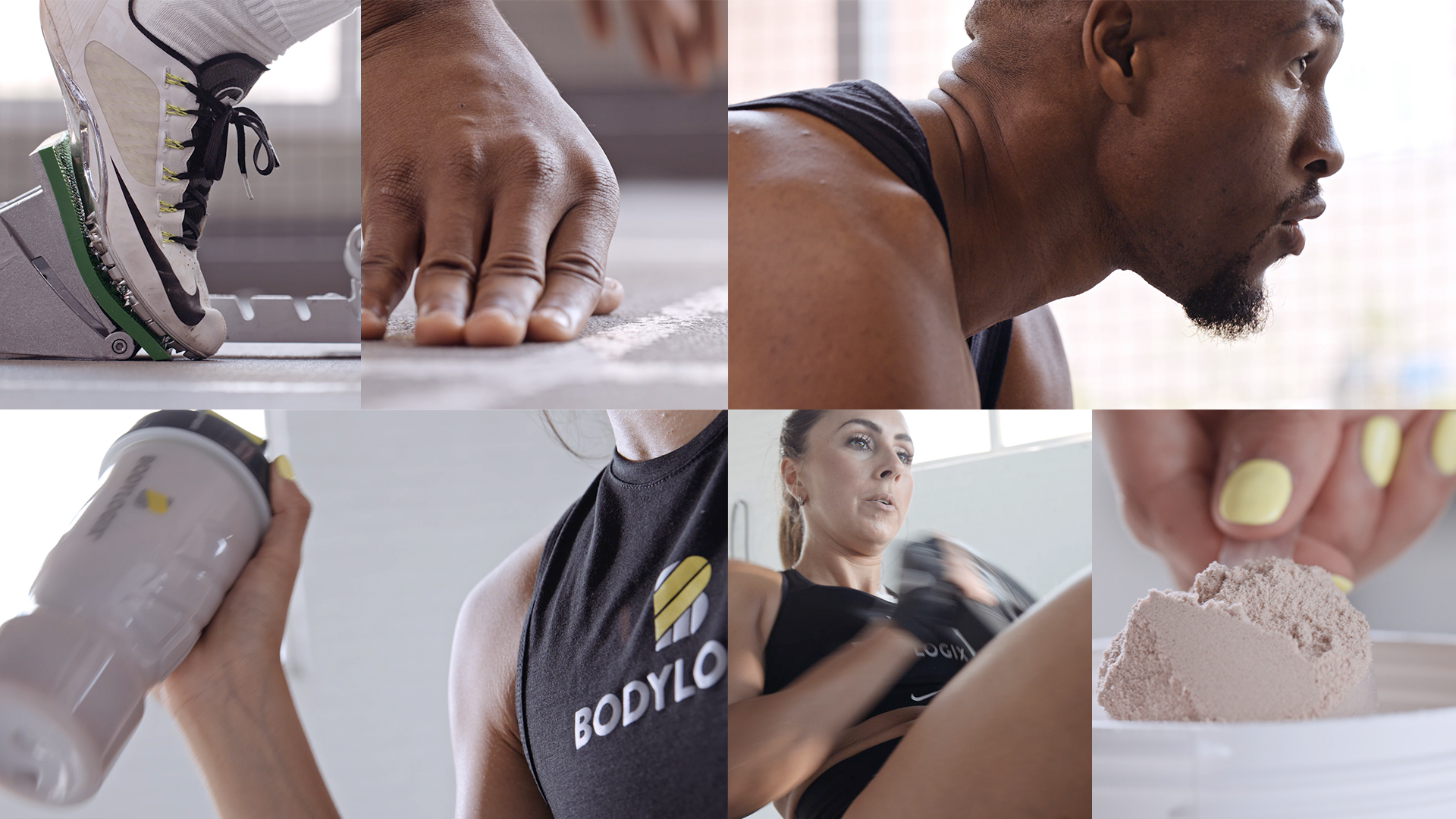 A collage of images featuring a woman shaking a protein drink, a man at a starting line, woman scooping protein powder, and a woman exercising with weights.