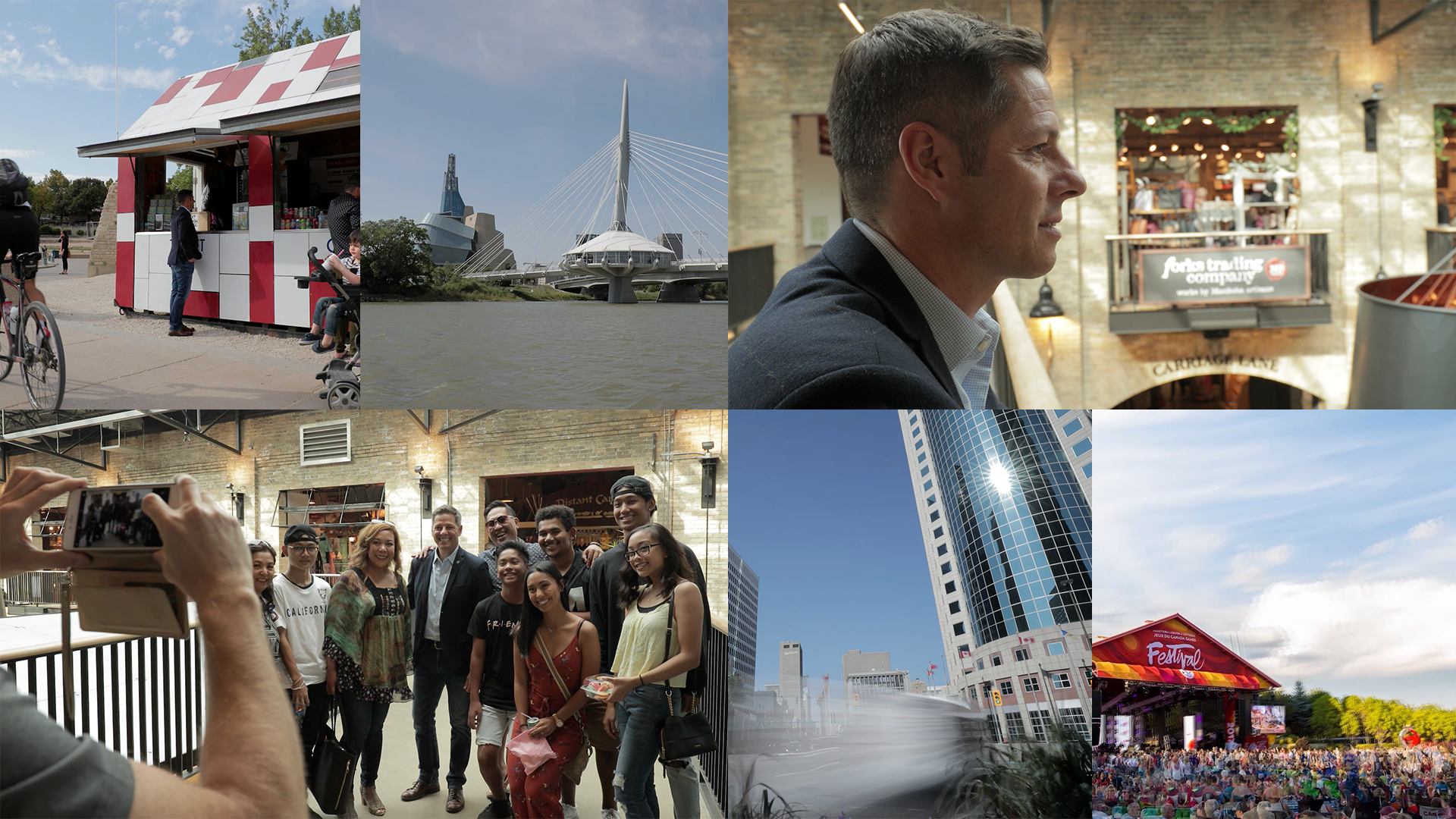 A collage of style frame images, featuring Mayor Bryan Bowman at the Forks, a skyline of the Forks, a group of people taking a photo with Bryan Bowman, an image of a downtown Winnipeg skyscraper, and a Winnipeg festival image.