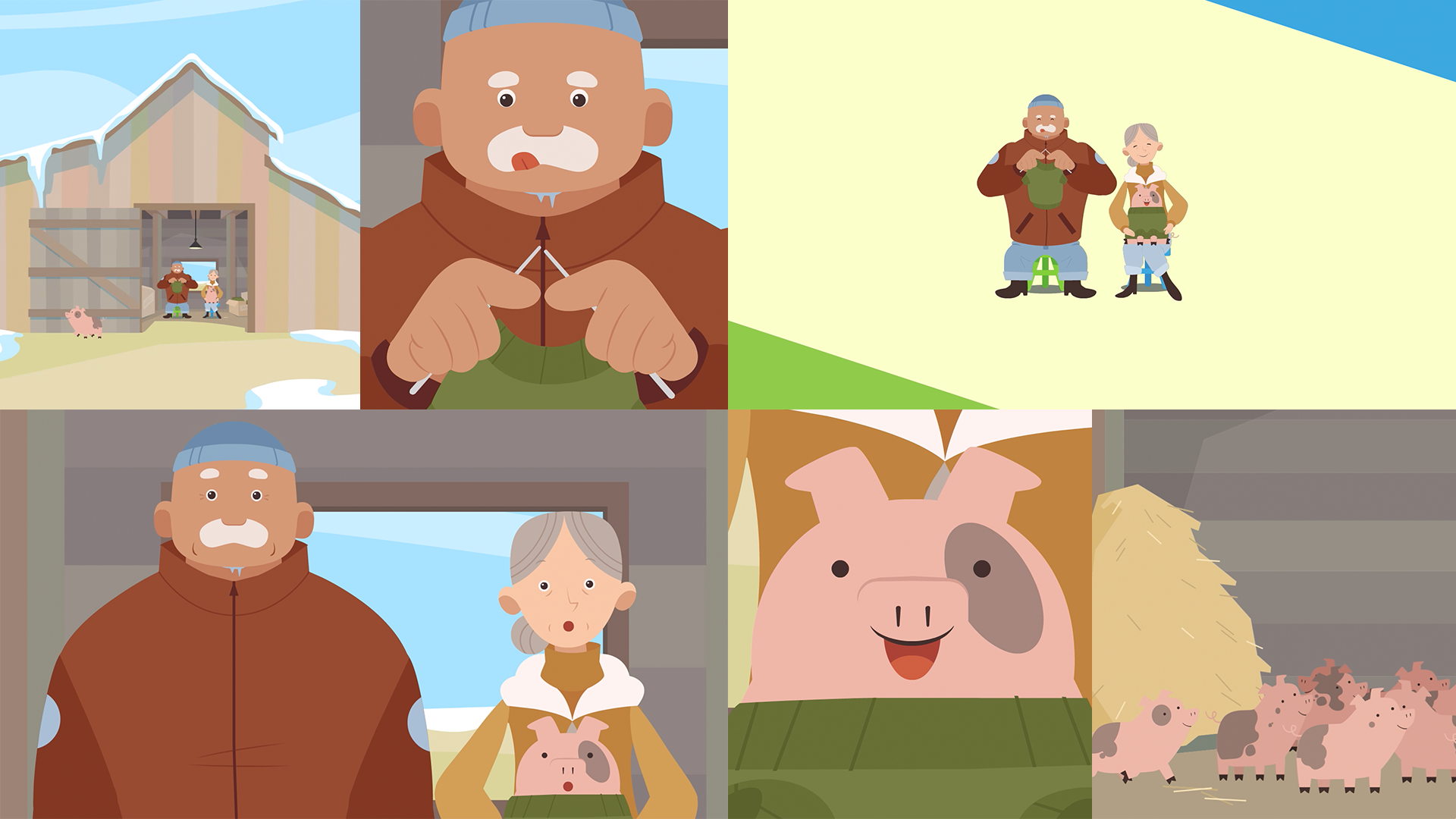 A collage of images showing motion graphic style frames from the Efficiency Manitoba Sustainable Future video featuring a pig, a farm, a elderly man knitting a sweater, and an elderly woman putting a sweater on a pig.