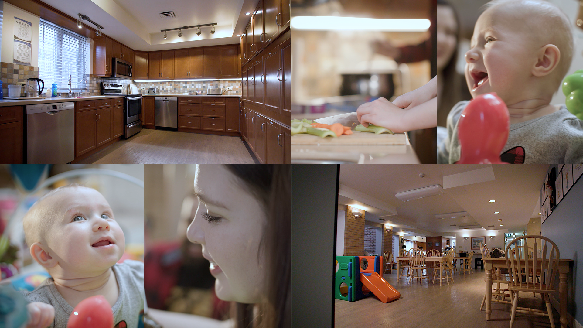 A collage of images featuring a kitchen space, a smiling baby, a family room interior and a woman cutting vegetables.