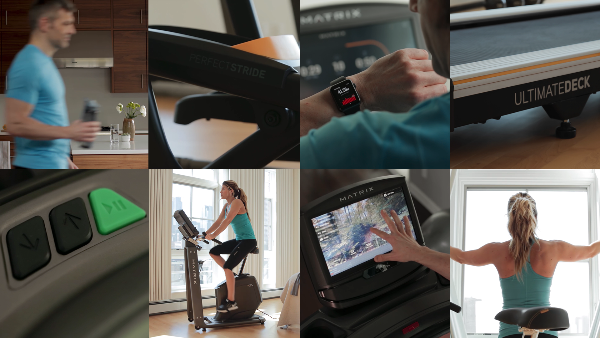 A collage of style frame images showcasing a man walking in his kitchen holding a water bottle, a close up of a man's Apple Watch, a matrix fitness screen, a women on a stationery bike and a women stretching her arms.