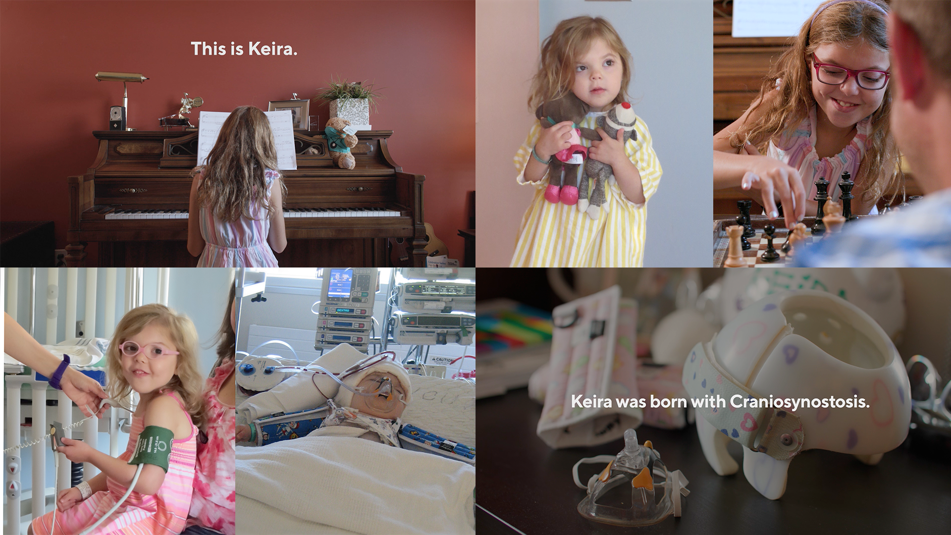 A collage of images showing Keira in the hospital, playing piano, and playing chess with her father.
