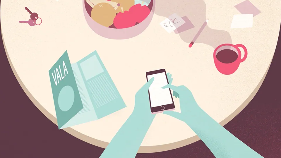 A style frame from an animated video, featuring hands of a person on their mobile phone above a table with fruit, coffee, a pencil and a steaming cup of coffee.
