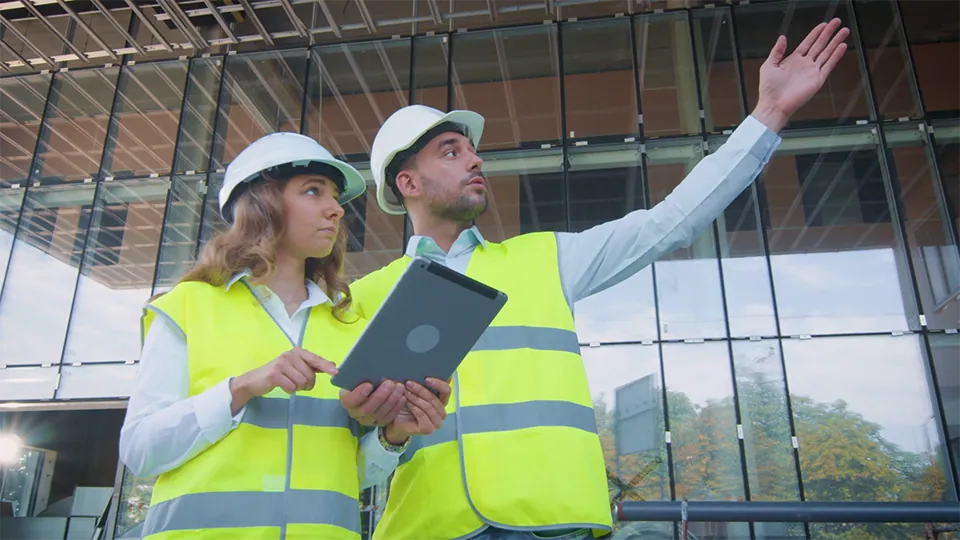 An image of two geoscientists in yellow safety jackets. One of them is pointing towards something with his hand and a glass building stands in the background.