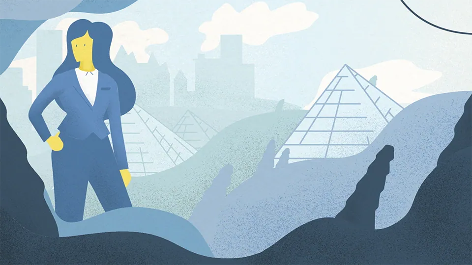 A style frame from an animated video, featuring a female character standing behind some simple bushes, with a cityscape and sky behind her. The colour palette is blue with yellow accents.