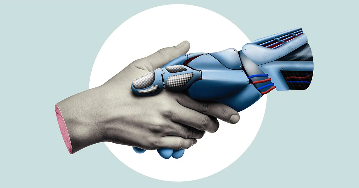A manipulated image of a handshake with one hand real and the other robotic.