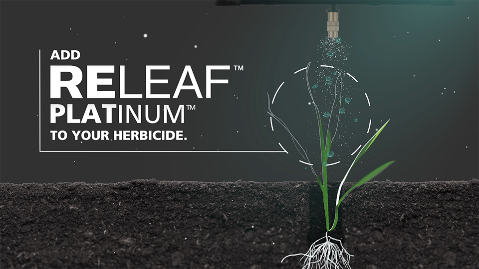 A style frame from an animated video, featuring a plant growing with a render of a herbicide being sprayed onto the plant. The words "Add Releaf Platinum to your Herbicide." are to the left of the plant.