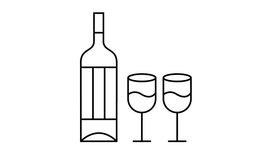 A style frame from an animated video featuring simple black and white graphics of a wine bottle and two wine glasses.