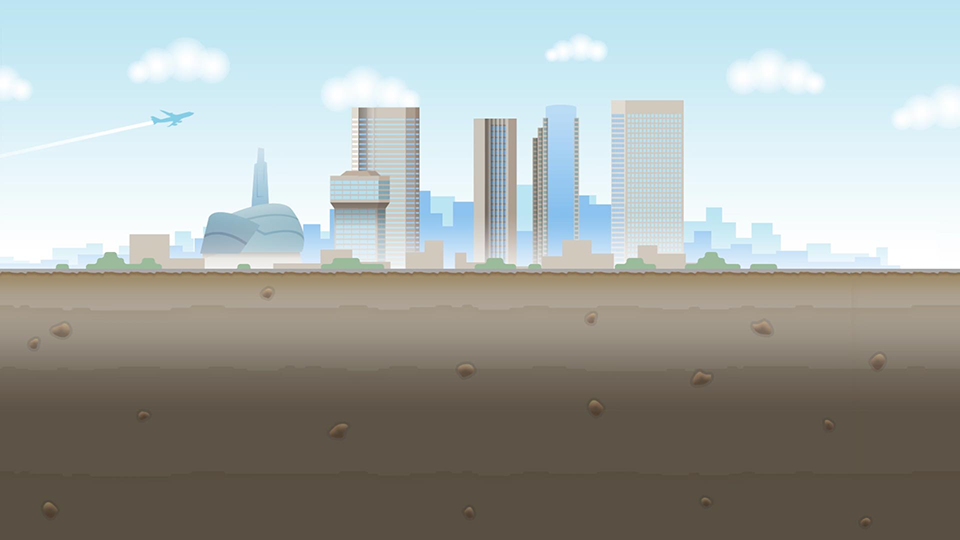 A style frame from an animated video, featuring a skyline of Winnipeg, with the layers of dirt under the ground revealed under the city.