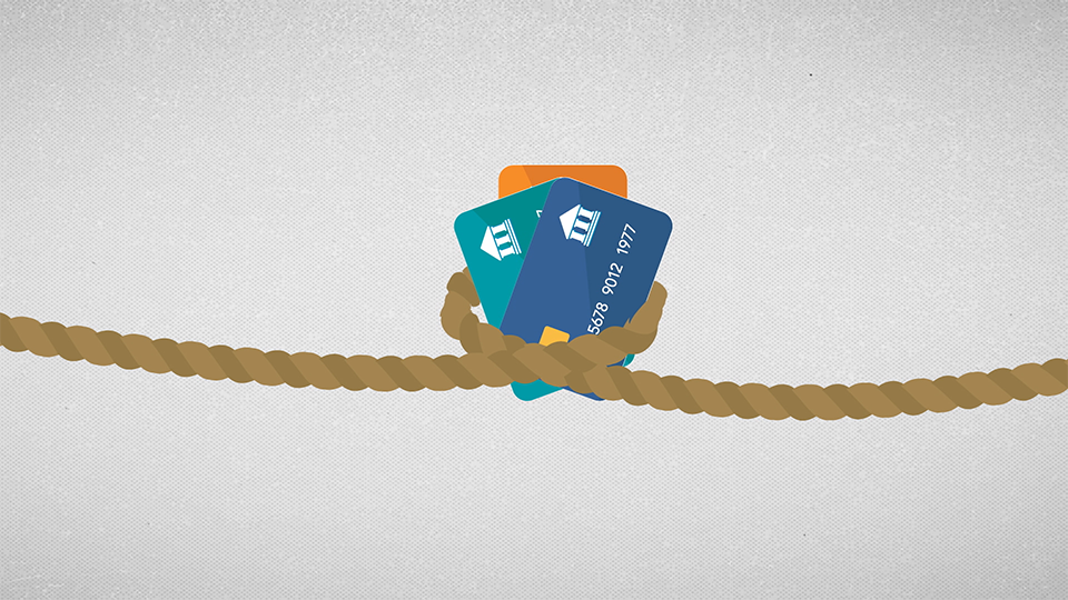 A style frame from an animated video featuring three credit cards tied together with a rope that stretches across the frame.
