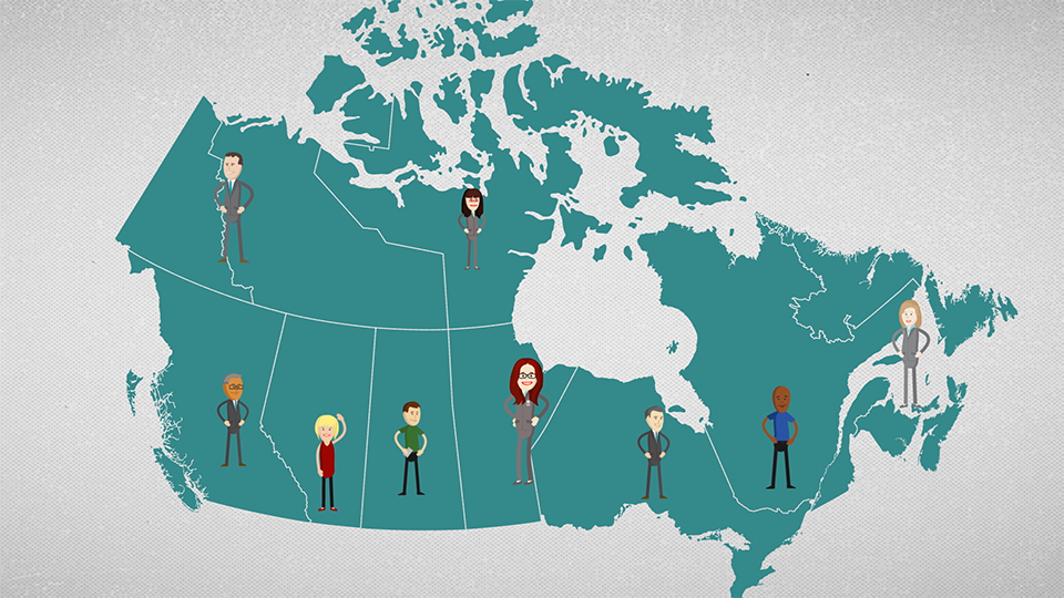 A style frame from an animated video, featuring a variety of people standing on a teal map of Canada.