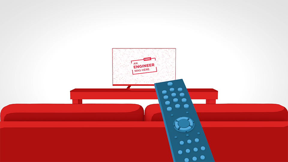 A style frame from an animated video, featuring a remote with a red couch and tv in front of it, with the words "An Engineer Was Here" on the screen.