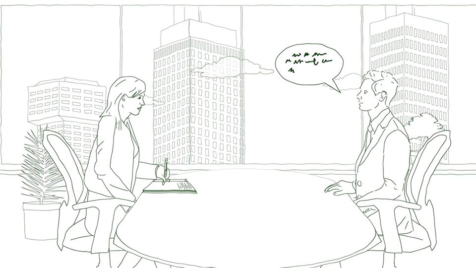 An image of a man and woman chatting in a conference room, with a full wall window behind them, revealing a city skyline. The illustration style is green line work.