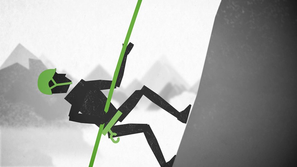 A style frame from an animated video featuring a simple character belaying up the side of a mountain with a green helmet and rope.