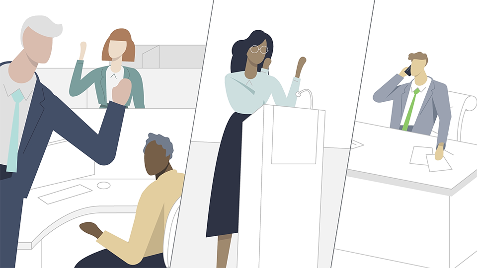 a style frame from an animated video, featuring a group of people waving from cubicles in an office, a woman speaking from a podium and a man at a desk on his phone.