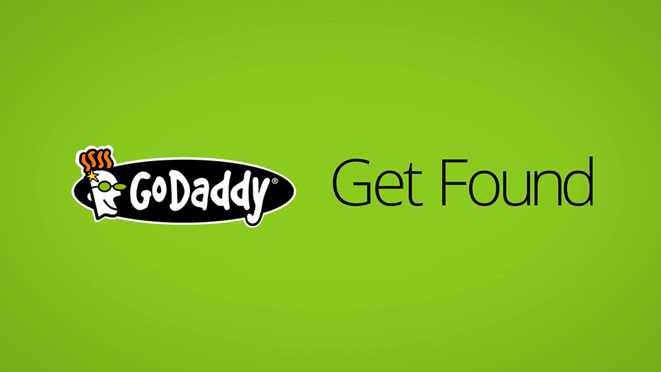 A style frame from an animated video featuring the Go Daddy logo against a lime green background, with the words "Get Found" to the right of it.