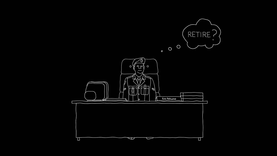 A style frame from an animated video, featuring a man sitting at a desk with a thought bubble that says "Retire?" above his head. The style of illustration is white line art against a black background.