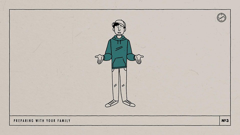 A style frame from an animated video, featuring a talking male character in a teal hoodie. The words "Preparing with your family" are at the bottom of the frame and there is a compass graphic in the right corner.