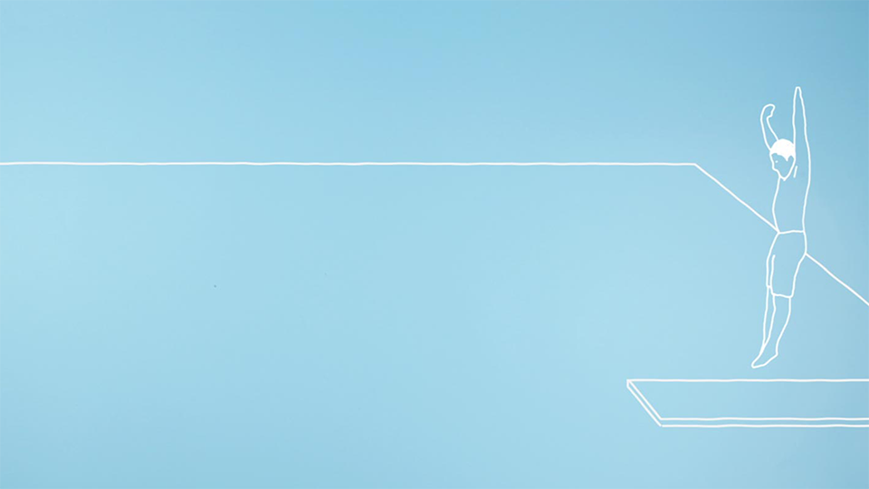 A style frame from an animated video, featuring a line-art style illustration of a diver jumping on a diving board.