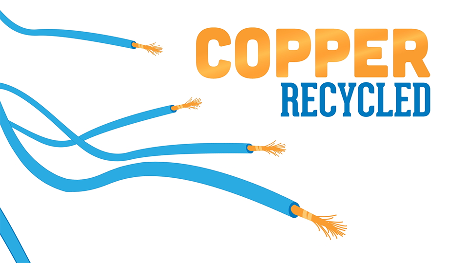 A style frame from an animated video, featuring exposed copper wires and the words "Copper Recycled."