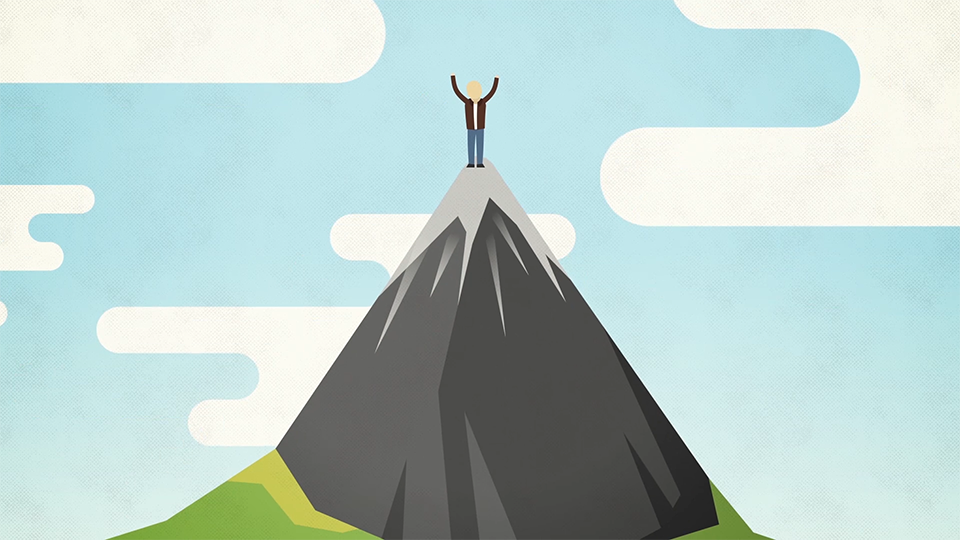 A style frame from an animated video, featuring a person standing on top of a mountain with a cloudy sky in the background.