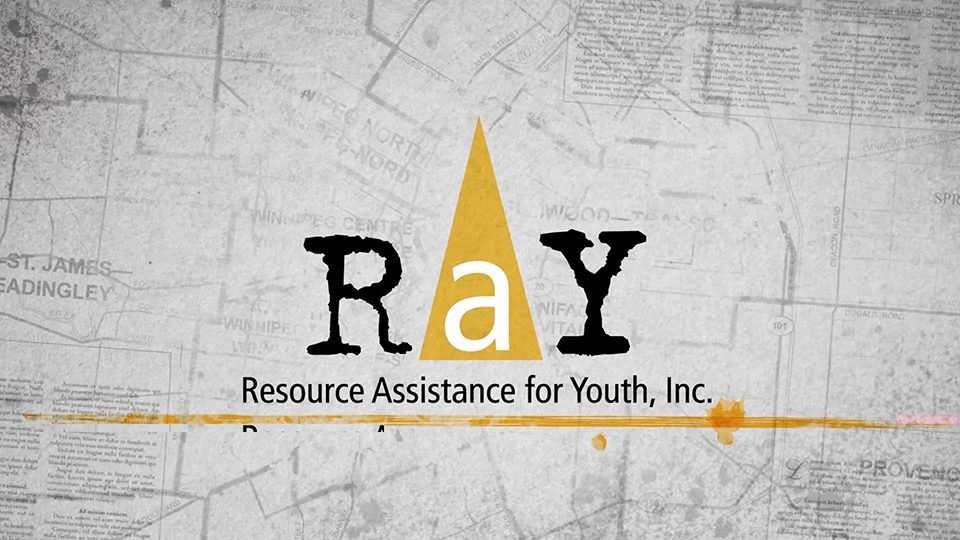 A style frame from an animated video, featuring the logo for "RaY Resource Assistance for Youth, Inc." on faded map of Winnipeg background.