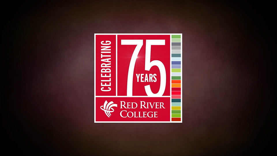 A style frame from an animated video, featuring a dark vignette background with the red river college logo and the words "Celebrating 75 Years" contained in a red square in the centre of the frame.