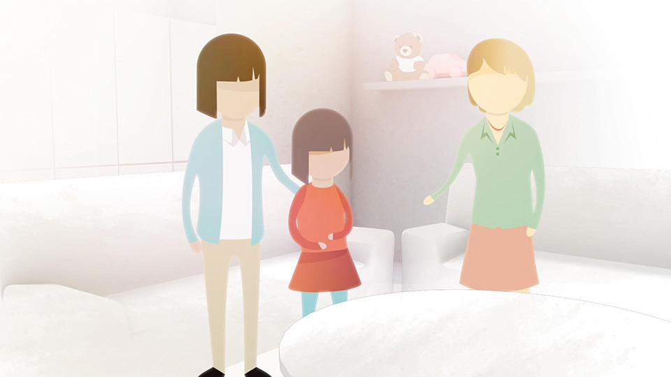 A style frame from an animated video, featuring two women with a young girl in an office. The colour palette of the illustration is soft and pastel and the style contains subtle watercolour textures.