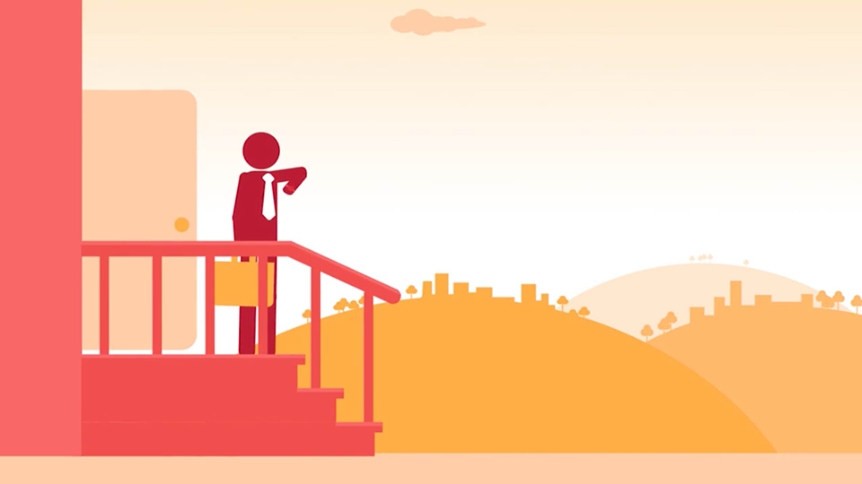 A style frame from an animated video, featuring a stick figure-like man stepping out of his doorway. He is looking at his watch and a cityscape amongst hills is in the background. The colour palette of the illustration is red, orange and pink.