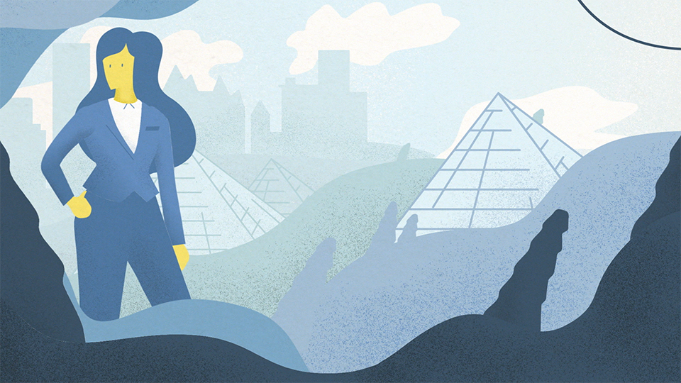 A style frame from an animated video, featuring a female character standing behind some simple bushes, with a cityscape and sky behind her. The colour palette is blue with yellow accents.