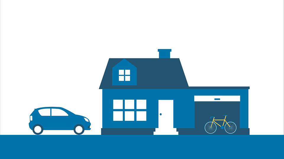 An illustrated style frame from a video, featuring a blue house with an open garage door, a yellow bike in front of it and a blue car in the driveway. The illustration style is simple, texture free vector shapes.
