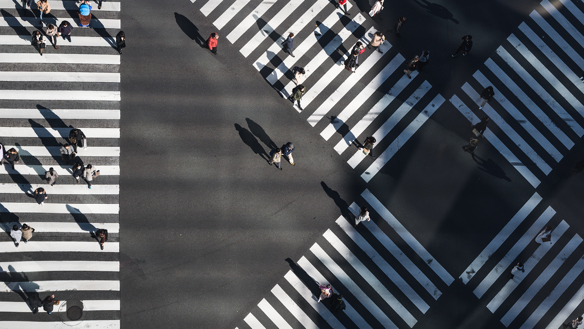 An aerial image of scattered people walking across a city intersection.
