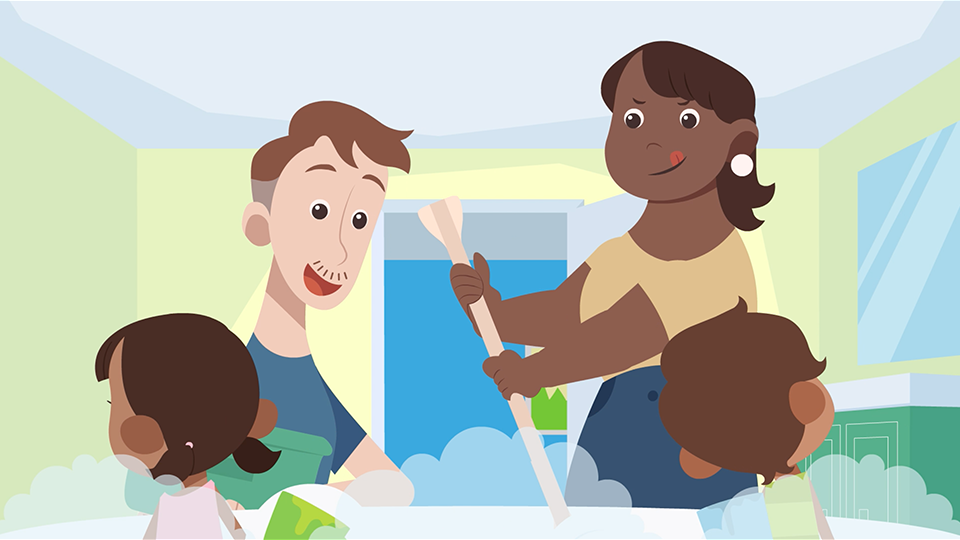A style frame from an animated video for Efficiency Manitoba, featuring a mother and father bathing their two children by stirring them with a paddle in a bathtub.