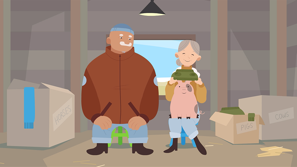 A style frame from an animated video for Efficiency Manitoba, featuring a a male and female farmer sitting in a barn and placing a knitted sweater on a pig.