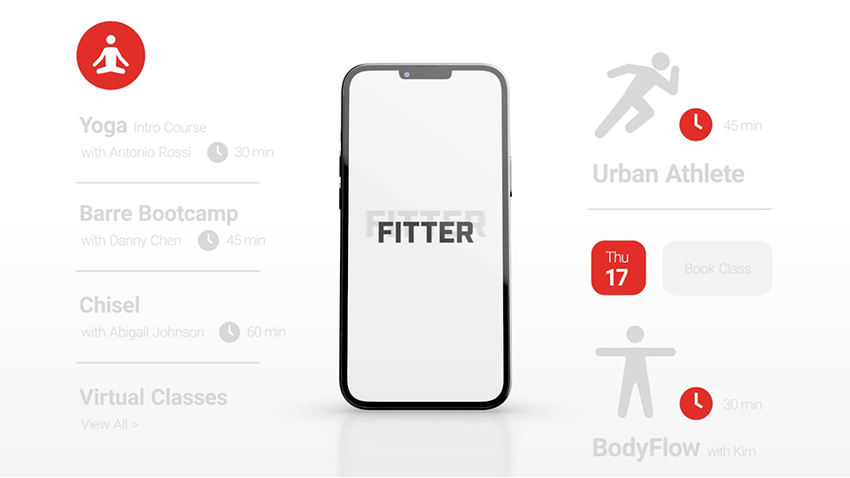 A style frame of an animated video for Matrix Fitness, featuring a 3D render of an iPhone in the centre of the frame with the word "Fitter" on the screen. Surrounding the phone are various fitness icons and user interface elements.