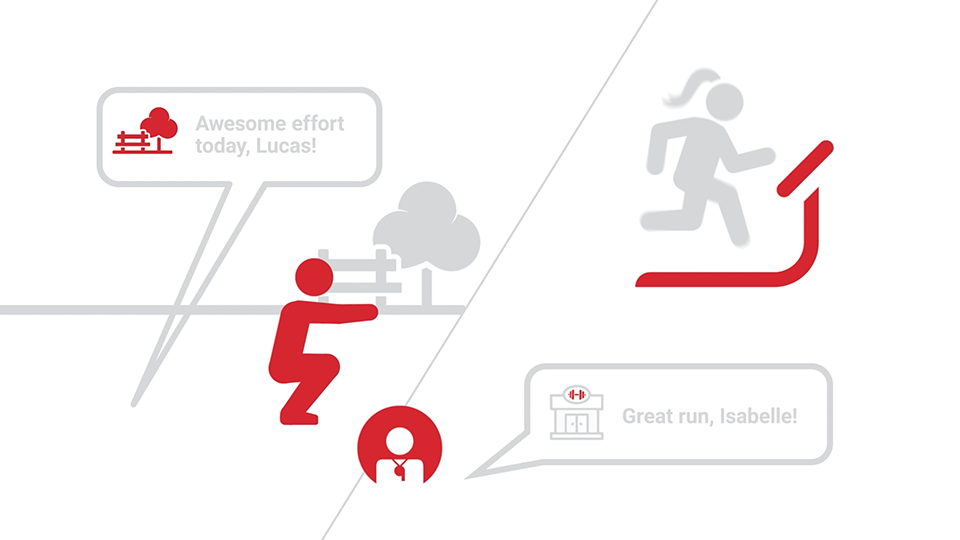 A style frame from an animated video for Matrix Fitness, featuring red and grey icons of people working out and speech bubbles with encouraging comments inside.