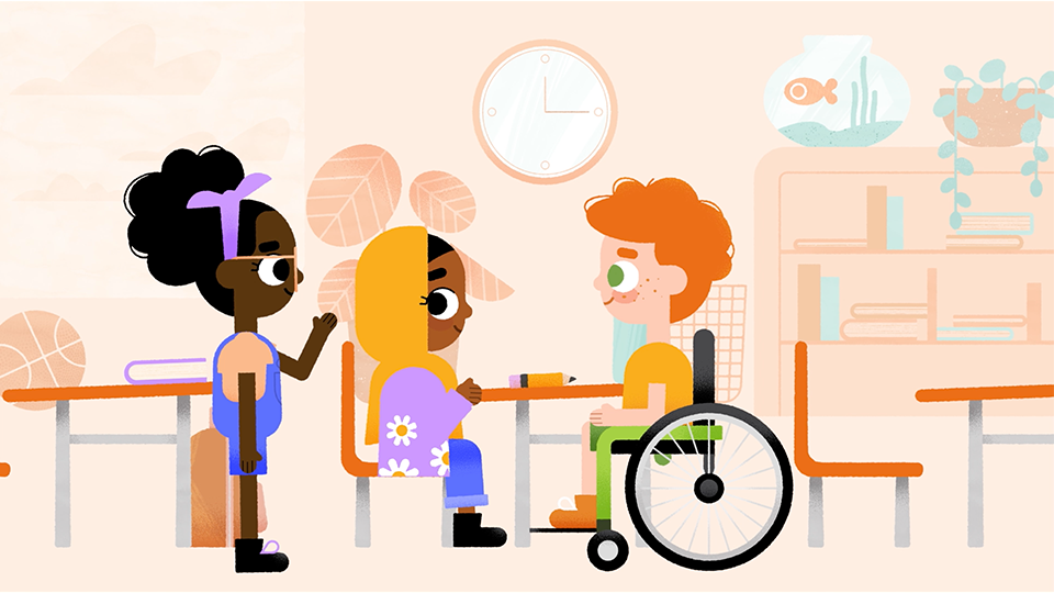 A style frame from an animated video, featuring 4 diverse children chatting in a classroom. A red headed boy sits in a wheelchair next to a girl in a hijab and a black girl stands behind them.