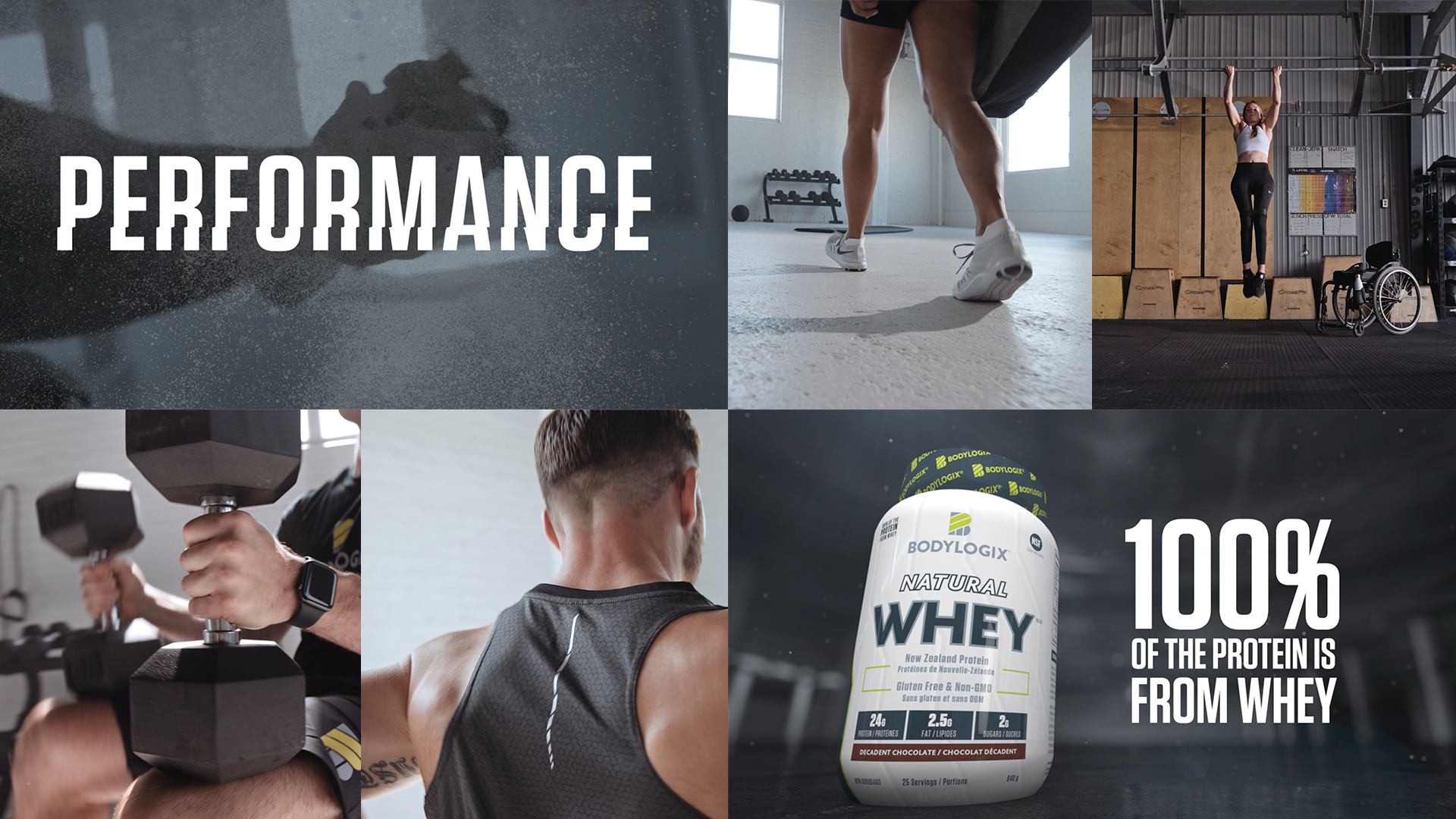 A collage of style frame images, featuring the word "Performance," a close up shot of a person's feet walking into a gym, a woman performing pull ups, and a container of Bodylogix protein powder.