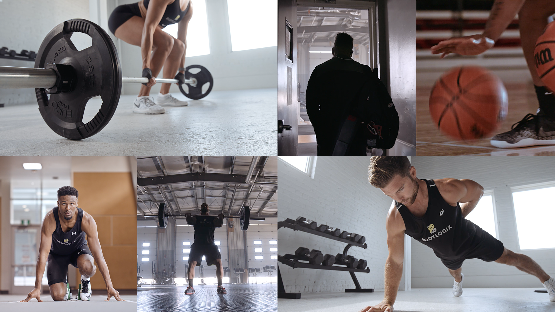 A collage of style frame images featuring a man at a starting line, a man lifting a barbell, a man dribbling a basketball and a man doing one-armed pushups.