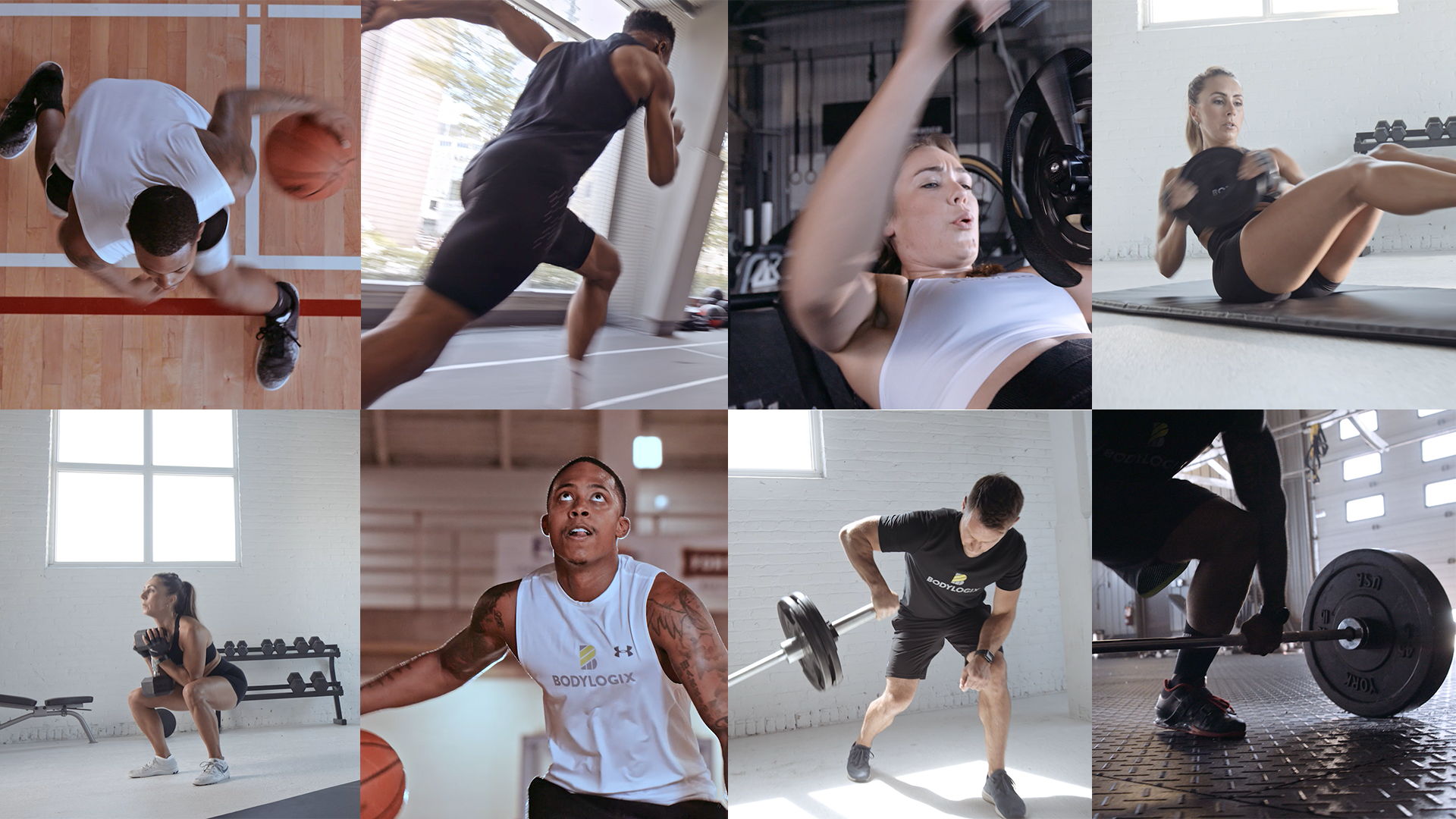 A collage of images featuring a man bouncing a basketball, a man running, a woman exercising with weights, and men lifting barbells.