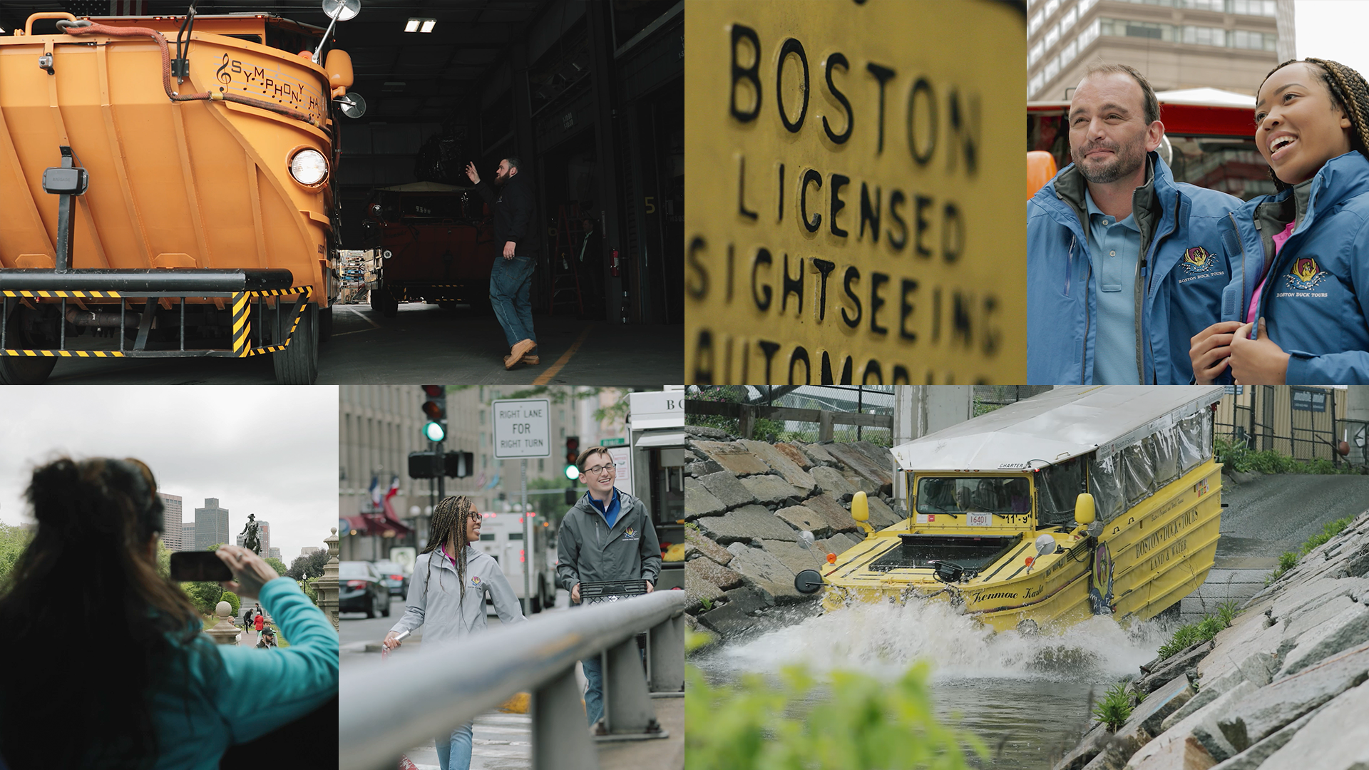 A collage of images, featuring a boat from the Boston Duck tours diving into water, a man directing a driver with a boat on a trailer, a woman taking a photo in Boston, two people walking in Boston Duck Tour jackets, and a closeup of a Boston sight seeing sign.
