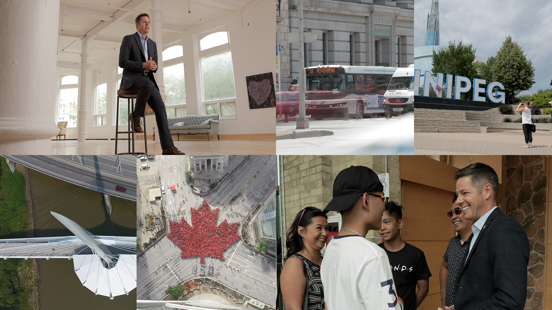 A collage of style frame images, featuring Mayor of Winnipeg, Bryan Bowman sitting on a chair, traffic in downtown Winnipeg, Esplanade Riel Pedestrian Bridge, an areal view of Winnipeg residents making a maple leaf shape with their bodies, the Winnipeg sign at the Forks, and Bryan Bowman talking with Winnipegers at the Forks.