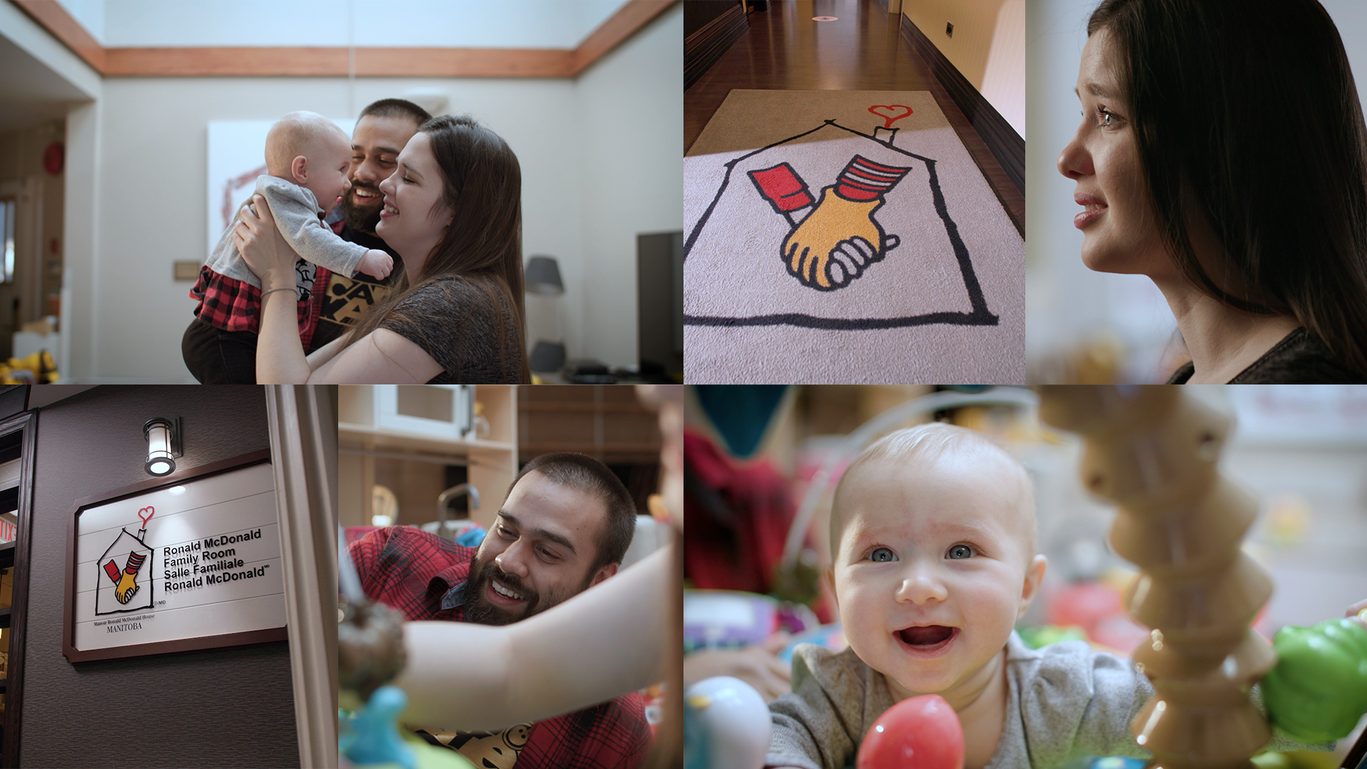 A collage of images of style frames, featuring a sign for the Ronald McDonald House Family Room, a smiling baby, and her parents holding her.