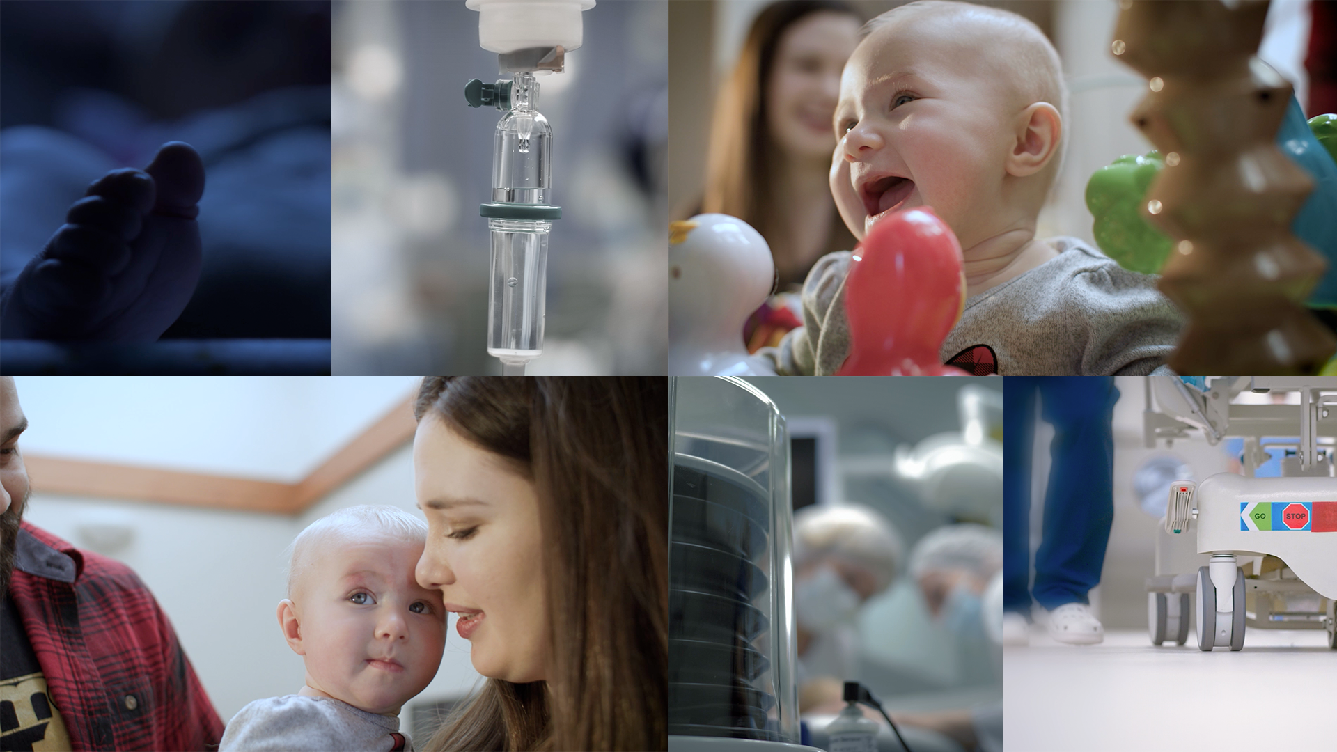 A collage of images, featuring the bottom of a hospital gurney, a baby held by her mom, a smiling baby, a IV drip, and a dark shot of a baby's foot in a CT scan.