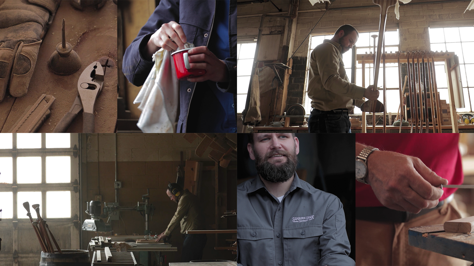 A collage of images from the Lands End Workwear video, featuring a worker measuring lumber, a worker crafting a canoe paddle, and a closeup of tools.