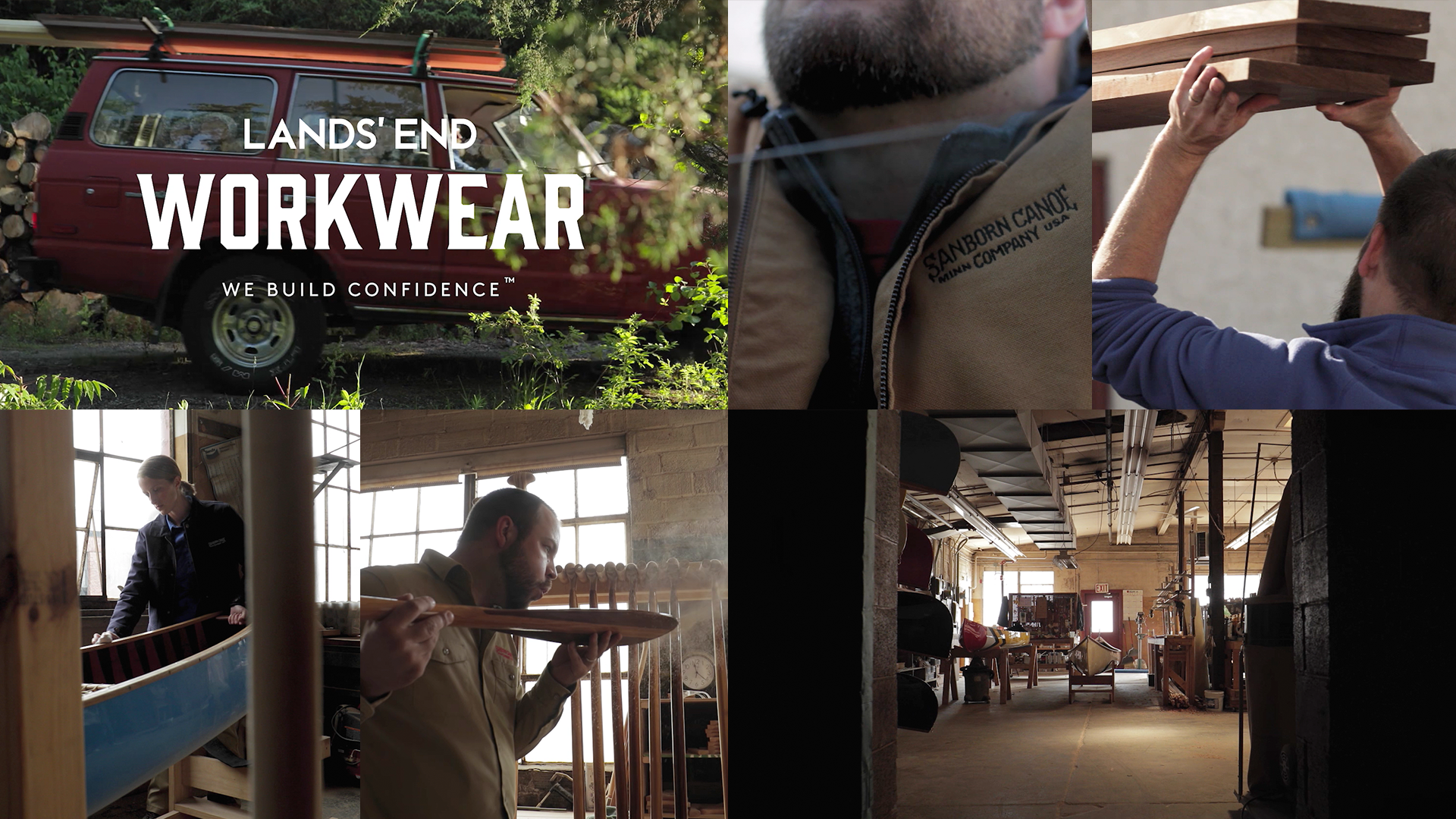 A collage of images from the Lands End Workwear video, featuring a closeup of a coat, a worker crafting a canoe paddle, workers lifting lumber and canoes, and a vehicle driving past trees.