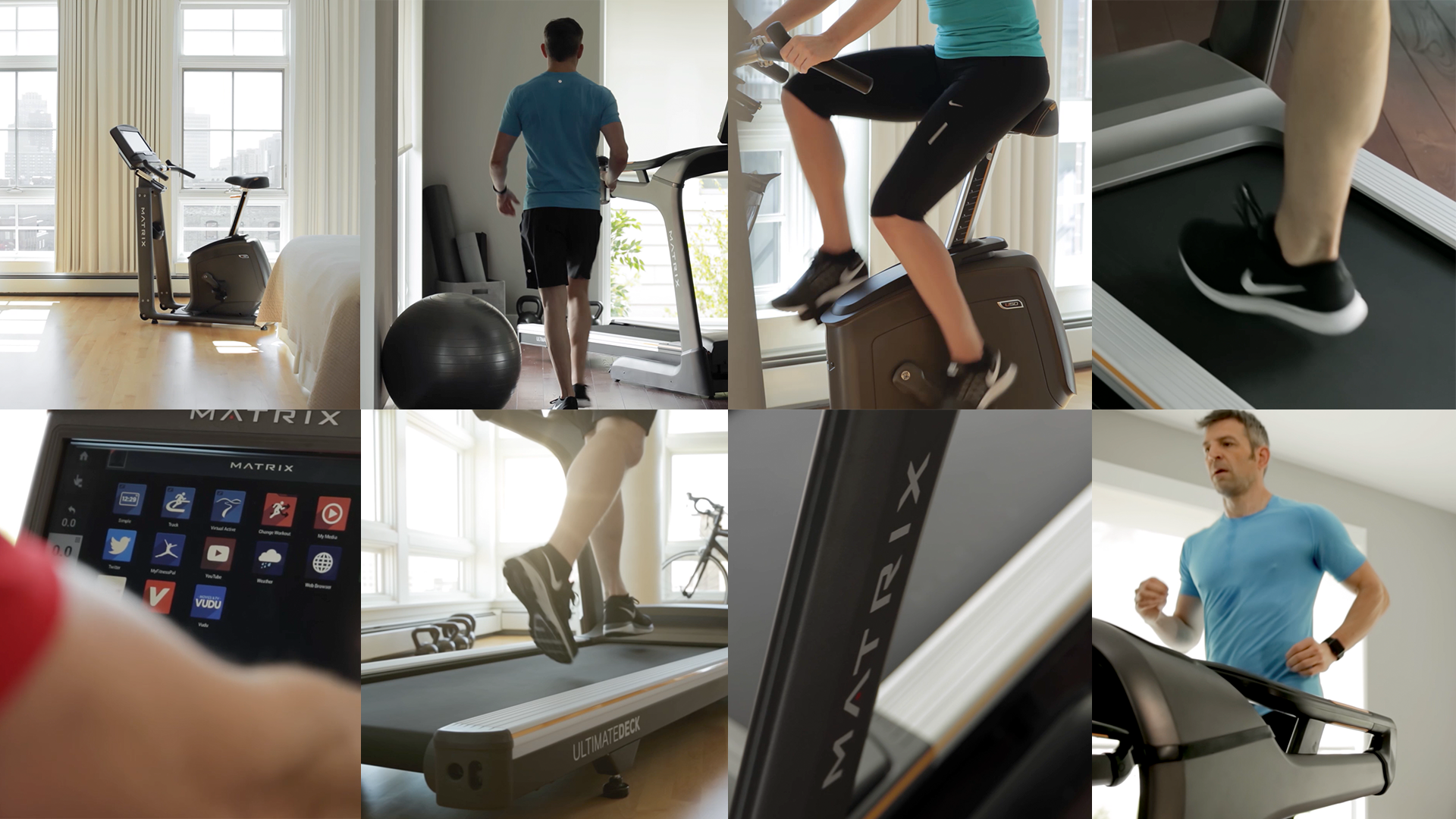 A collage of style frame images featuring a stationery bike, a man approaching a treadmill, a close up of feet on a treadmill and stationery bike, a Matrix fitness screen positioned at the top of a workout machine, and a man running on a treadmill.