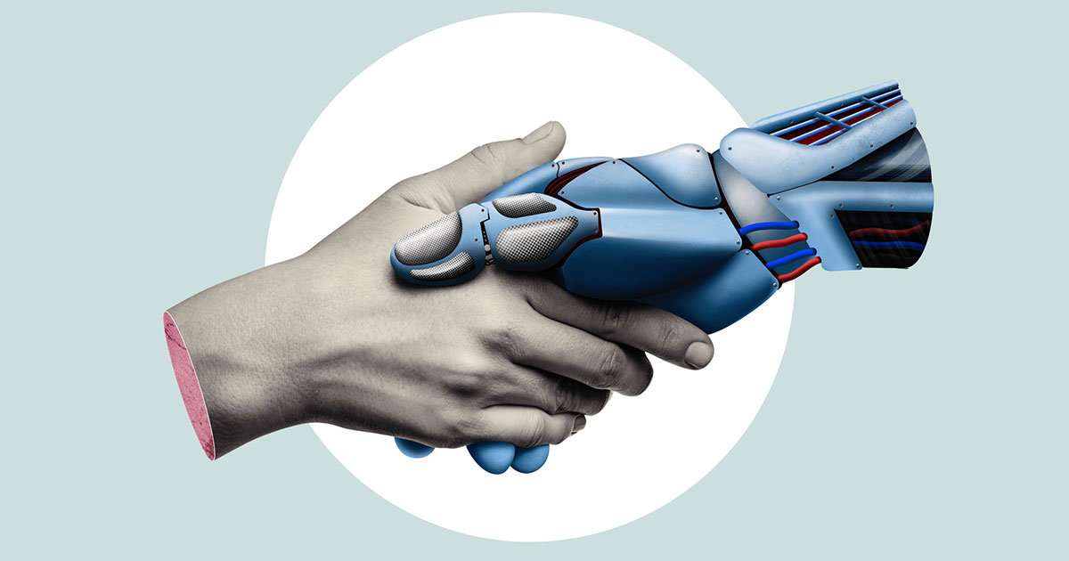 A manipulated image of a handshake with one hand real and the other robotic.